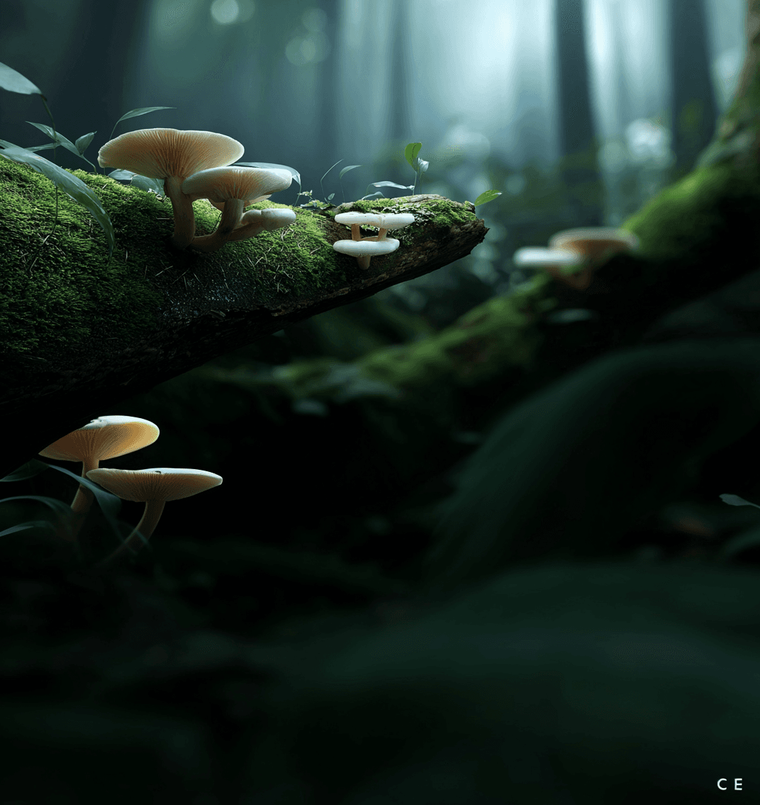 Moss-covered forest floor with mushrooms and filtered light