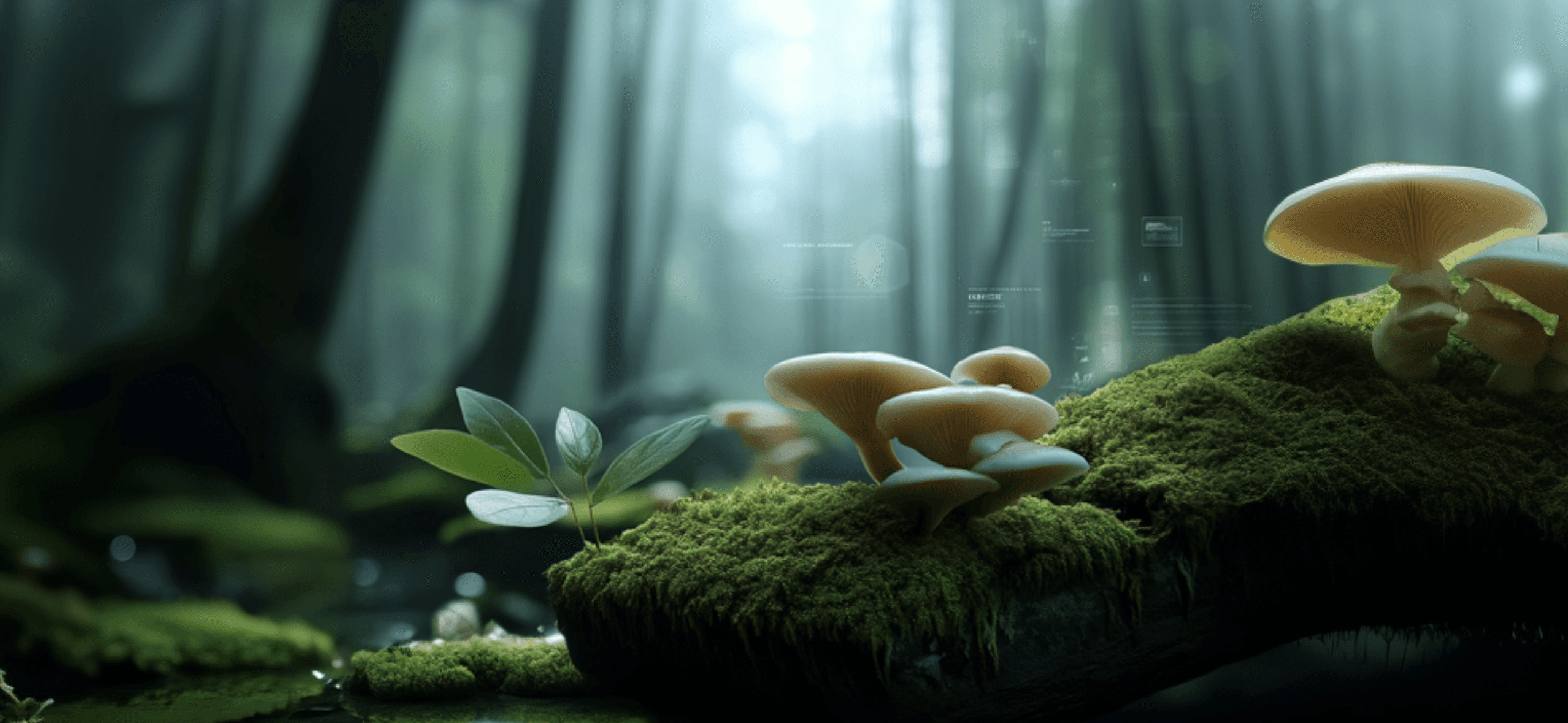 Moss-covered forest floor with mushrooms and filtered light