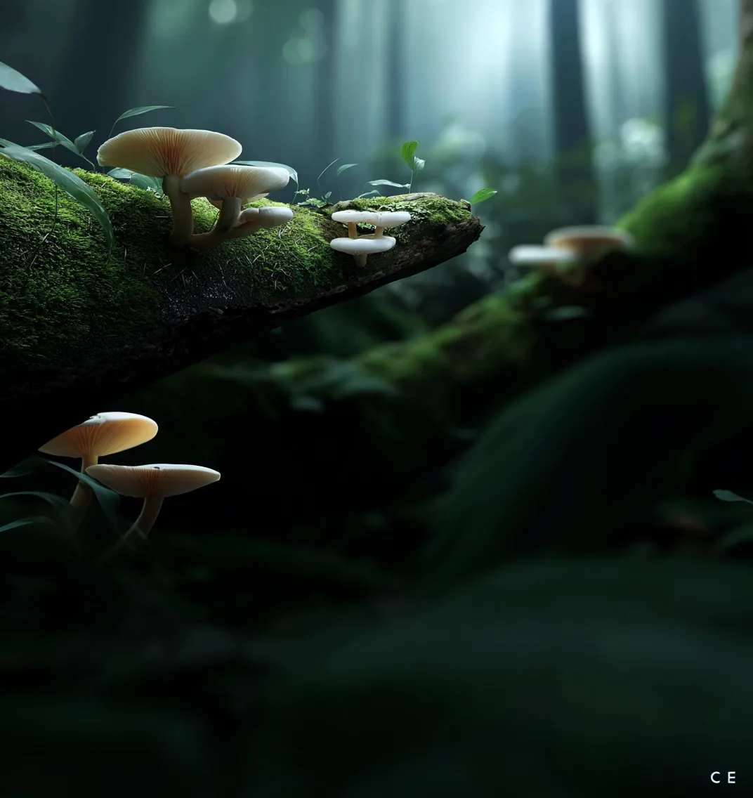 Mushrooms growing on a mossy, filtered-light forest floor
